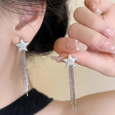 Серебряные серьги-подвески со звездами из кубического циркония