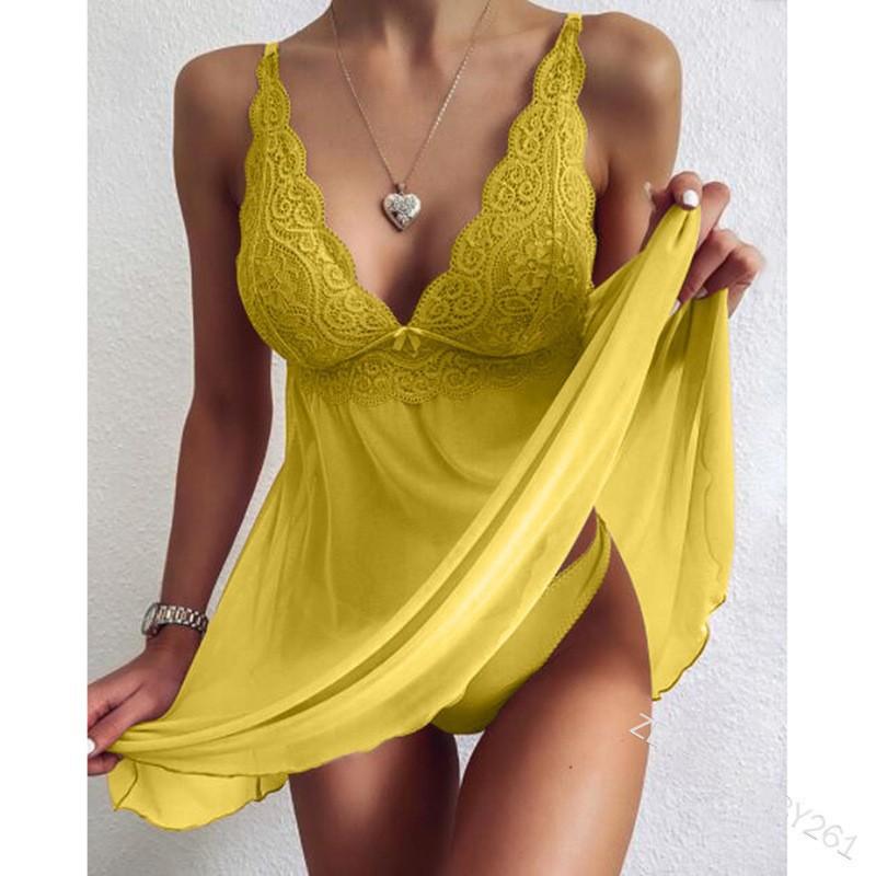 European and American new sexy hot deep v satin lace suspender nightdress Christmas temptation backless private room pajamas