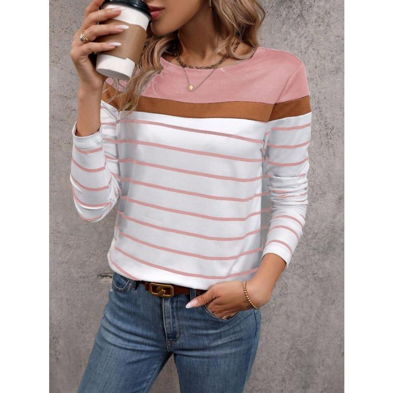 Women's T-shirt 3D Stripe Color Block Print Fashion Long Sleeve Round Neck Regular Top Holiday Weekend Spring and Autumn