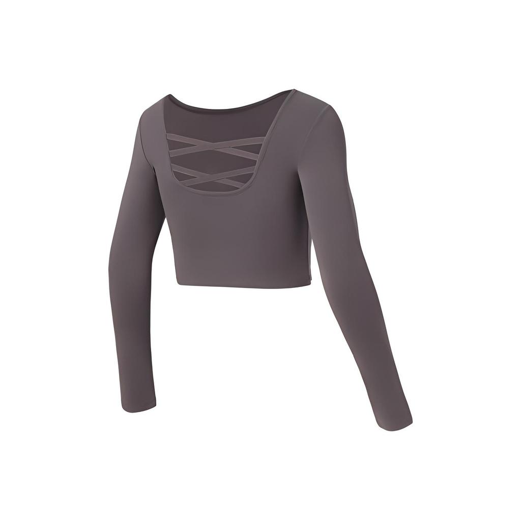 Li Ning Fitness Series Back Hollow Short Tight Workout Top Женские топы Sparrow-Brown AUDR108-2