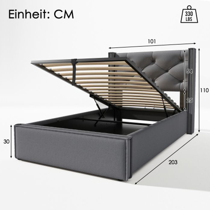 Lit simple - MUVOE - 90x200 cm - Rembourré - Avec sommier et matelas - Espace de rangement