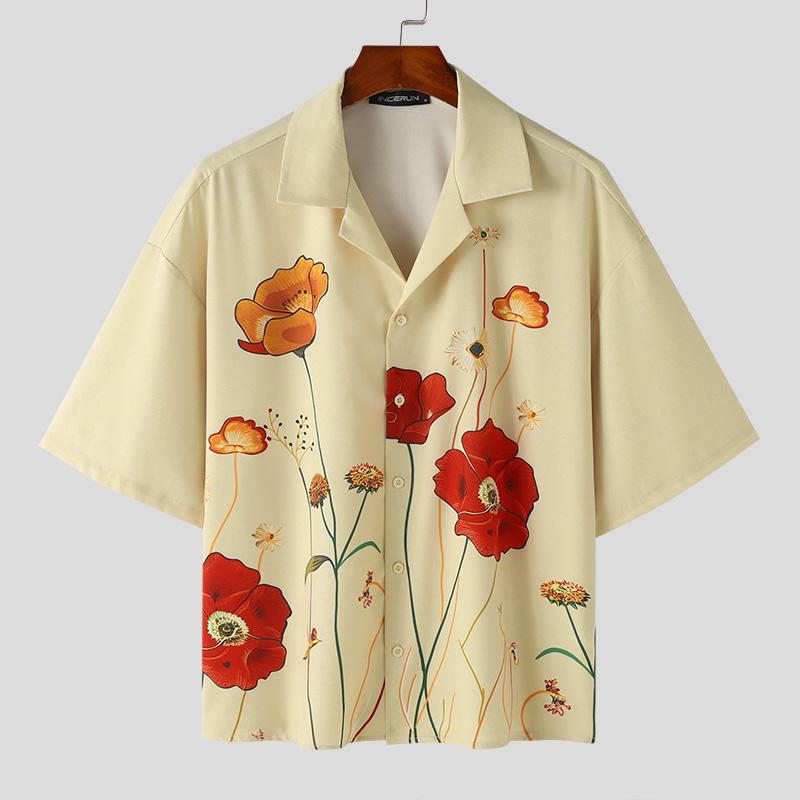 INCERUN Мужские летние рубашки с отложным воротником и коротким рукавом с цветочным принтом