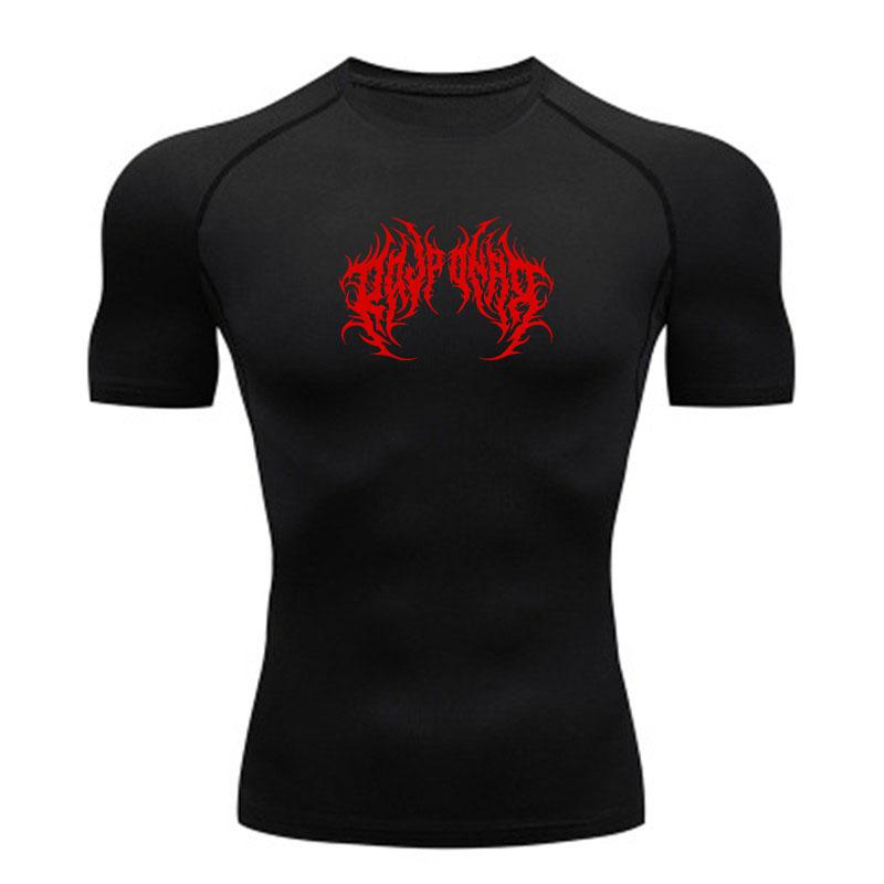 Men's Compression Workout T-shirt, Quick Dry Breathable Athletic Sports Top with Unique Spiky Red Tribal Print for Gym Running Training Active Wear
