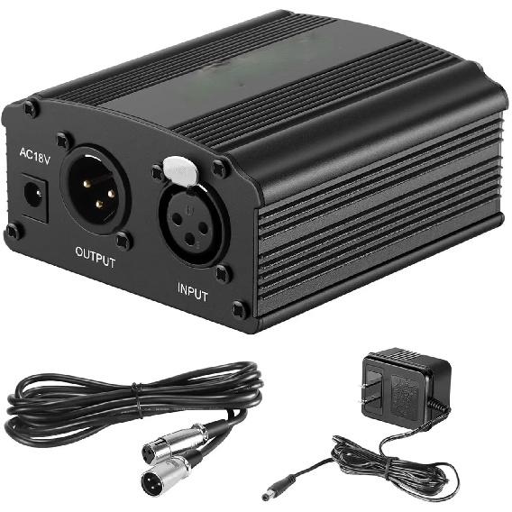 48V Phantom Power Supply with Adapter Bonus+XLR 3 Pin Microphone Cable for Any Condenser Microphone Music Recording Equipment
