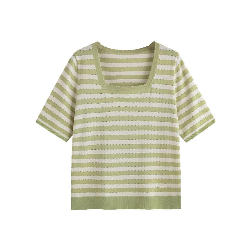 Женская футболка больших размеров с квадратным вырезом в полоску, женские топы с короткими рукавами, летняя свободная трикотажная одежда