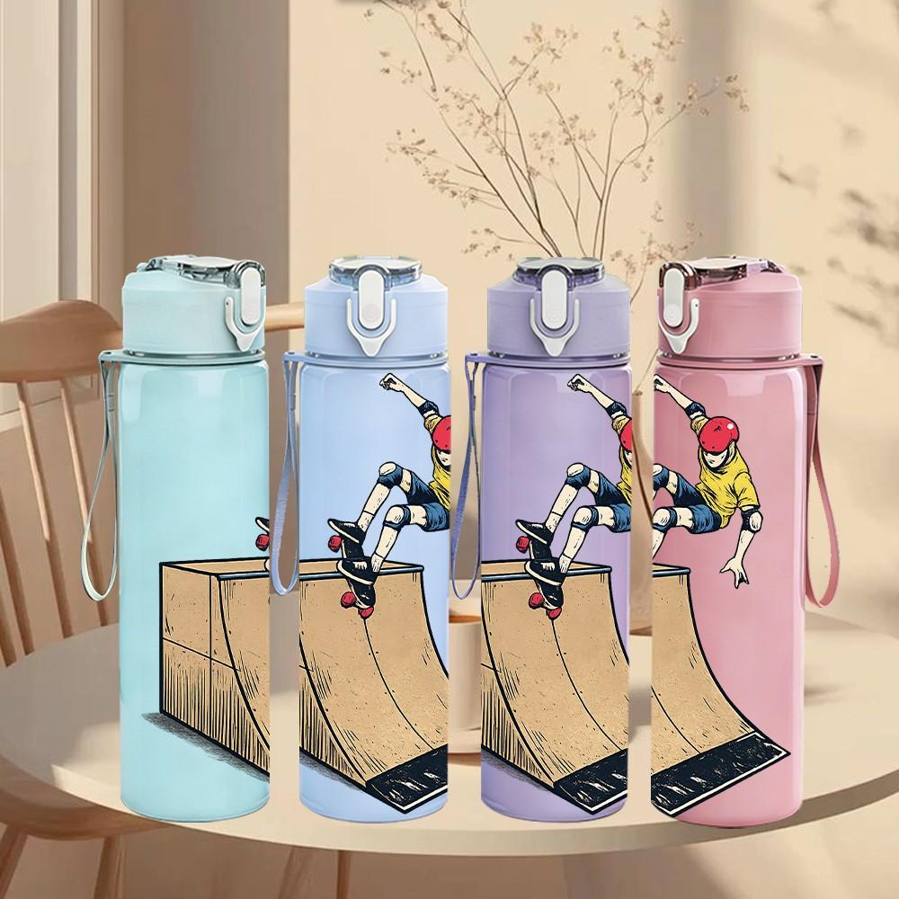 1PC Ramp Skate Boy Cartoon 750ml Color Plastic Sports Water Bottle Leakproof Flip Straw Lid Suitable for Sports Office Home Use