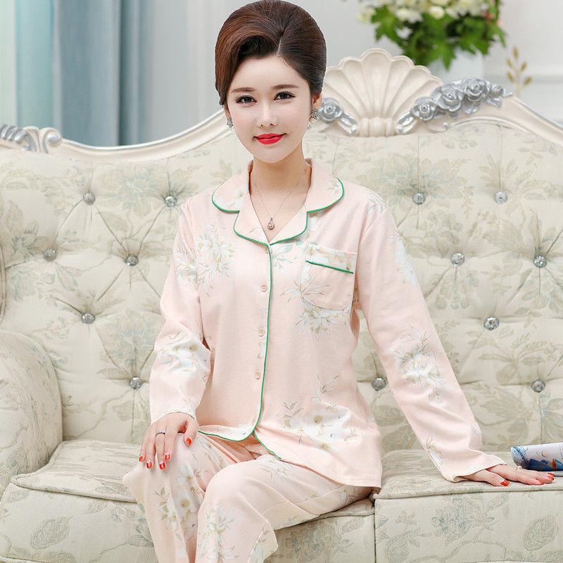 Пижамный комплект из хлопка для женщин среднего возраста - Кардиган с длинными рукавами для весны и осени