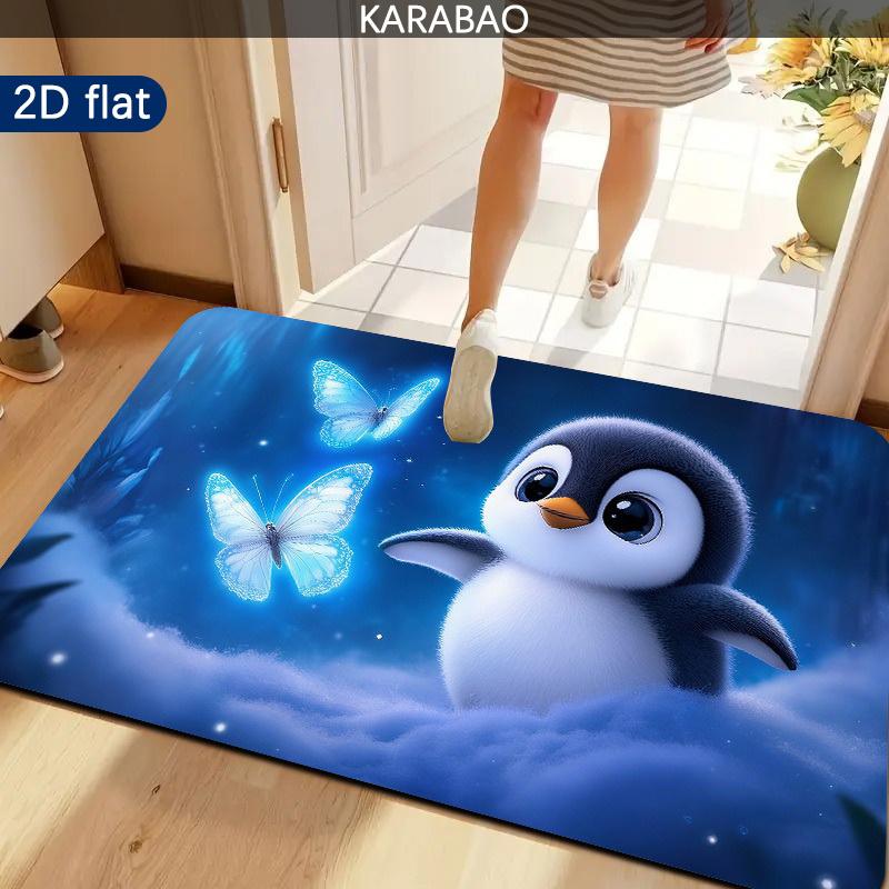 Whimsical Penguin Butterfly Blue Sky Doormat Polyester Floor Mat Waterproof Entrance Rug for Home Decor Nursery Gift Mat