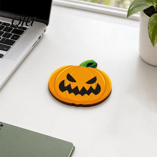 Heat Insulation Coaster Wooden Pumpkin Coaster, Non-Slip Halloween Table Mat, Party Accessory Waterproof for Holiday Home Decor