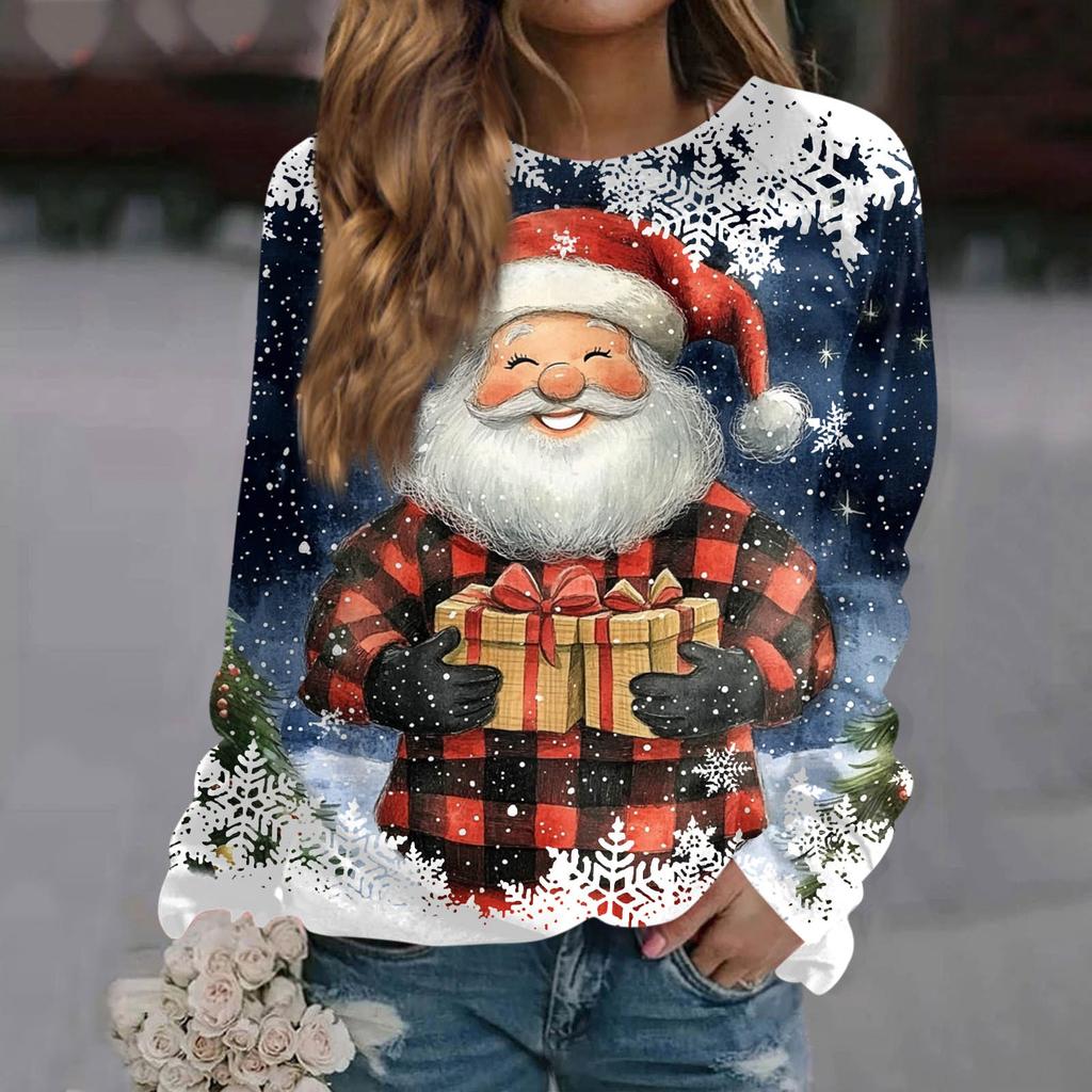 Women's Casual Fashion Christmas Print Long Sleeve Round Neck Pullover Top Blouse Sweatshirt