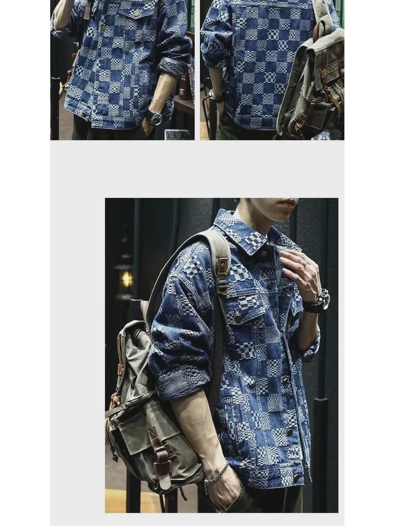 Мужская джинсовая куртка в синюю клетку в стиле ретро — стиль Гонконга, модная, свободного кроя, подходит для весны и осени.