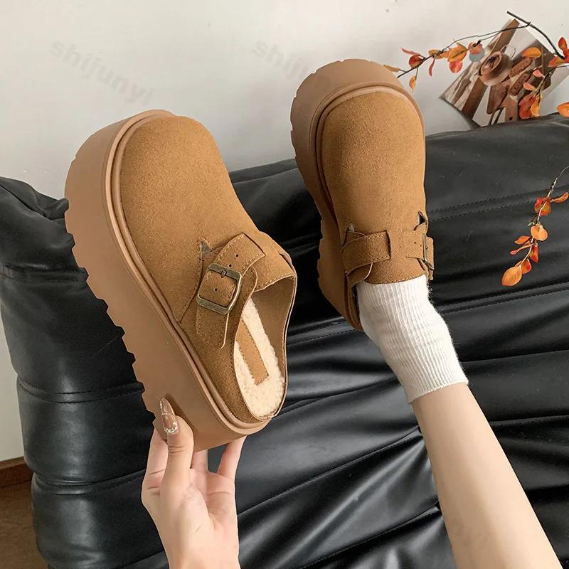 Fashion Winter Platform Slippers Women 2025 New Warm Fur Mules Slippers Fashion Slip On Slides Comfort Casual Home Female Cotton Shoes