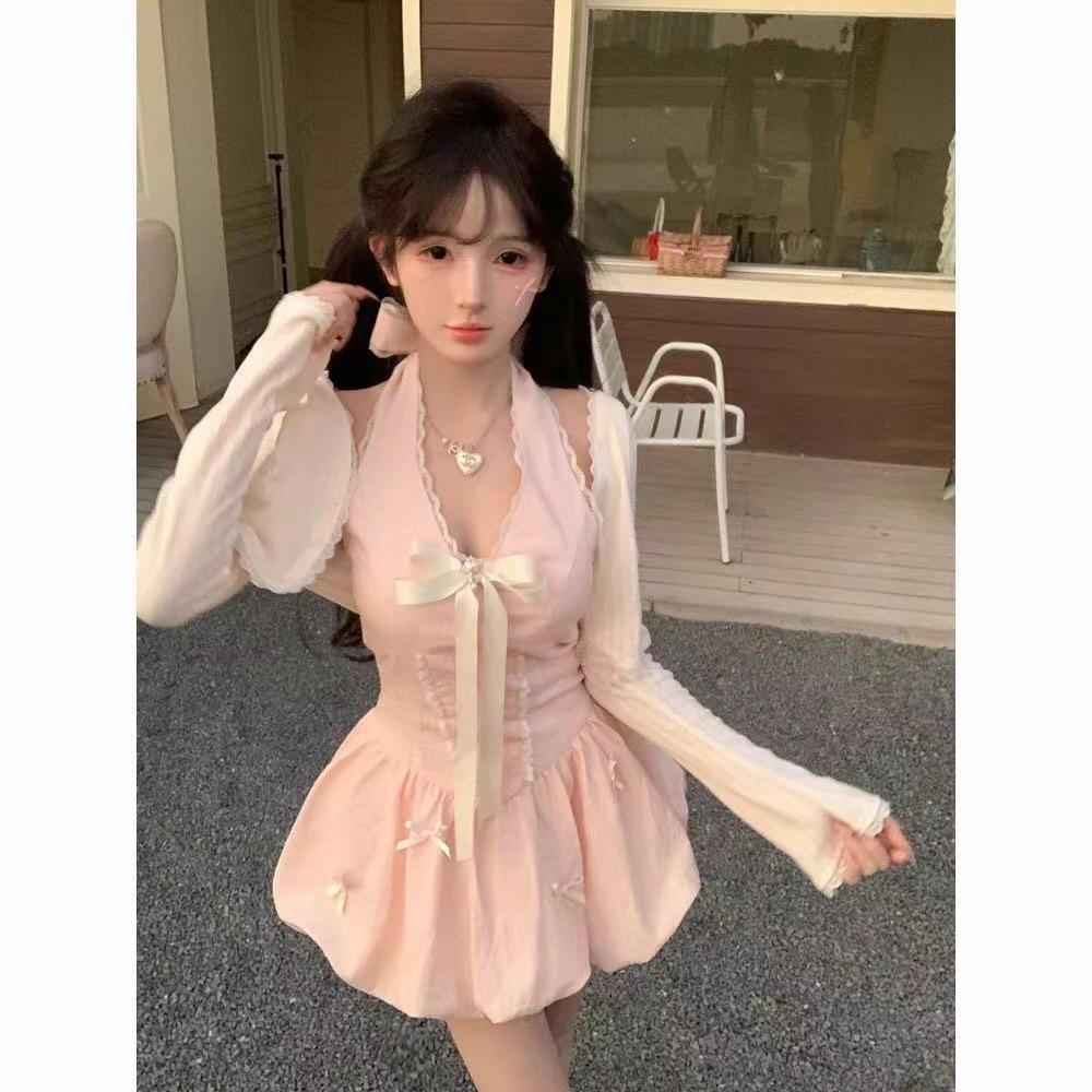 2025 Корейская весна Принцесса Стиль Slim Fit Пышное платье Кардиган