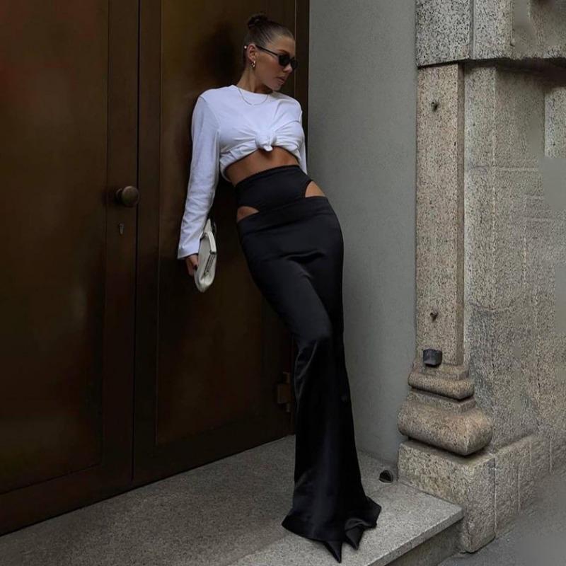 Черная атласная юбка-макси для женщин, высокая талия, кружевные боковые тонкие облегающие юбки-карандаши, женская элегантная клубная вечерние юбка