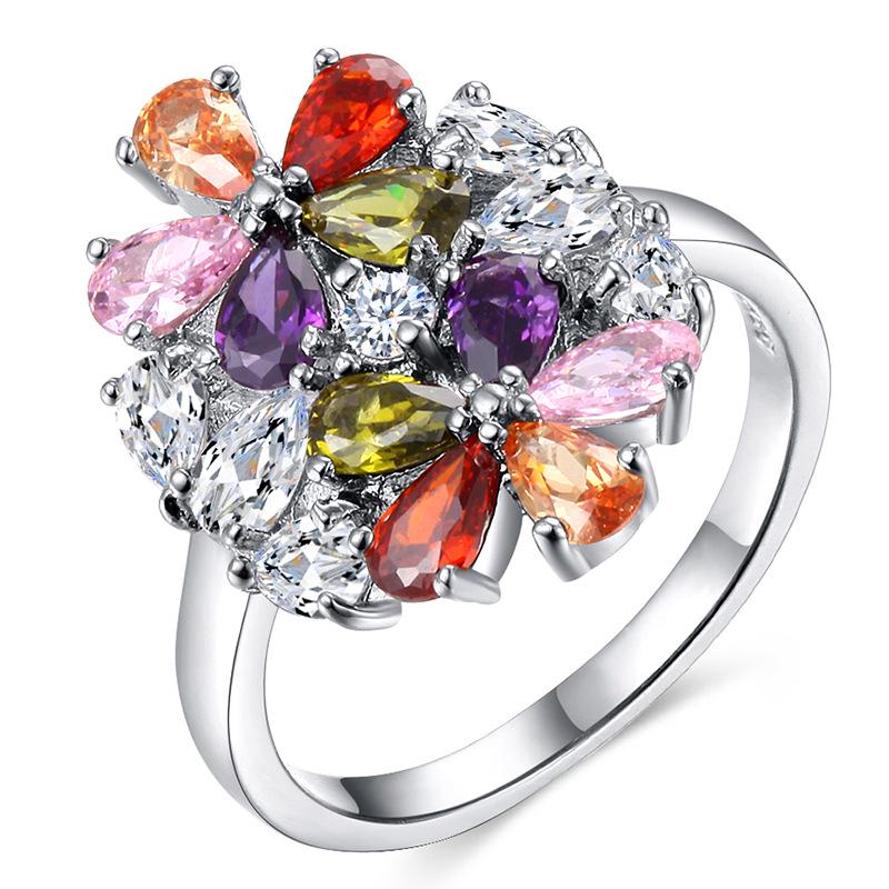 Colorful Twin Flowers Shape Zircon Wedding Ring for Women Silver Color Micro-inlaid Simulation Jewelry Ring Engagement Ring