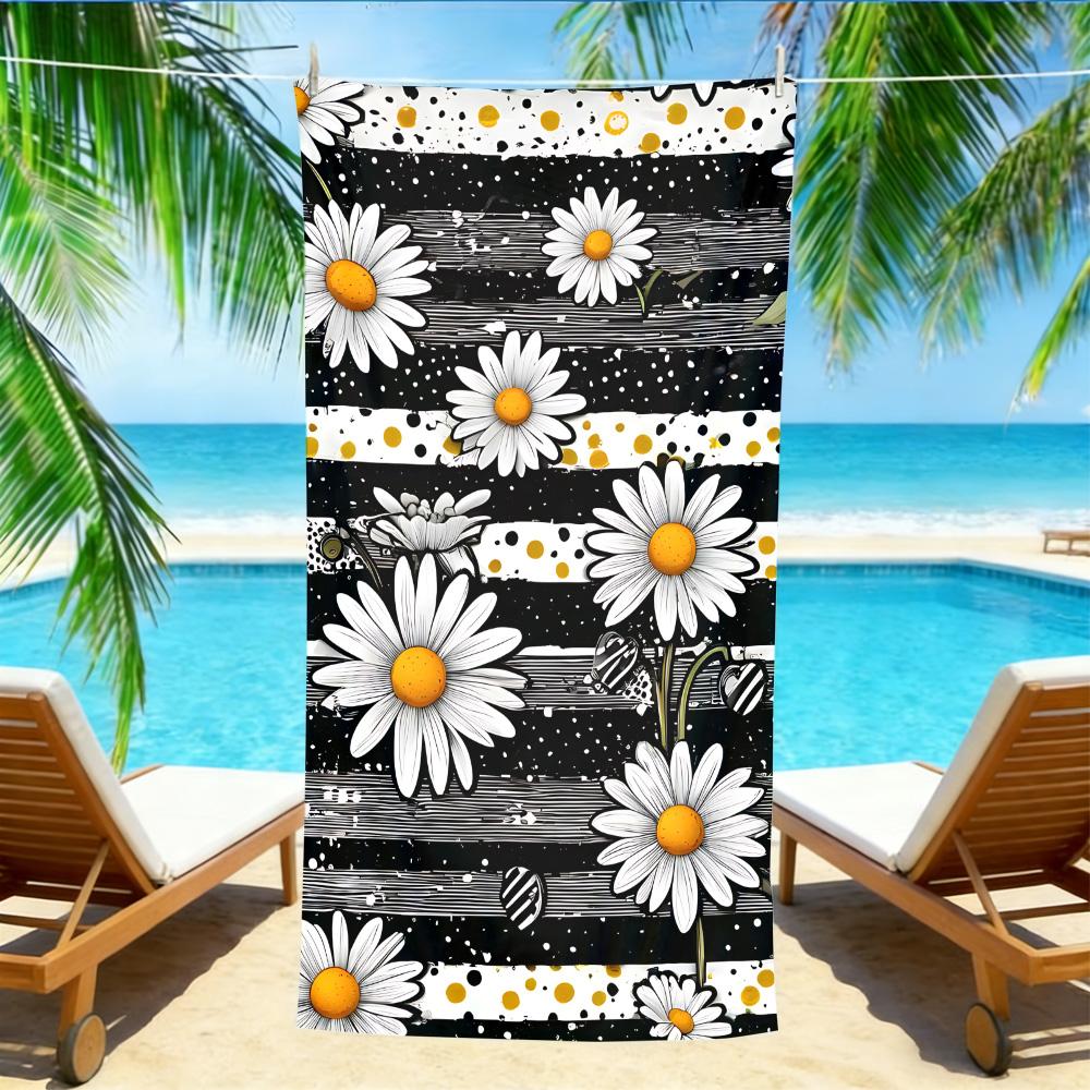 Retro Daisy & Stripe Beach Towel – Oversized Quick Dry Sand Free with Black & White Polka Dot Print for Summer