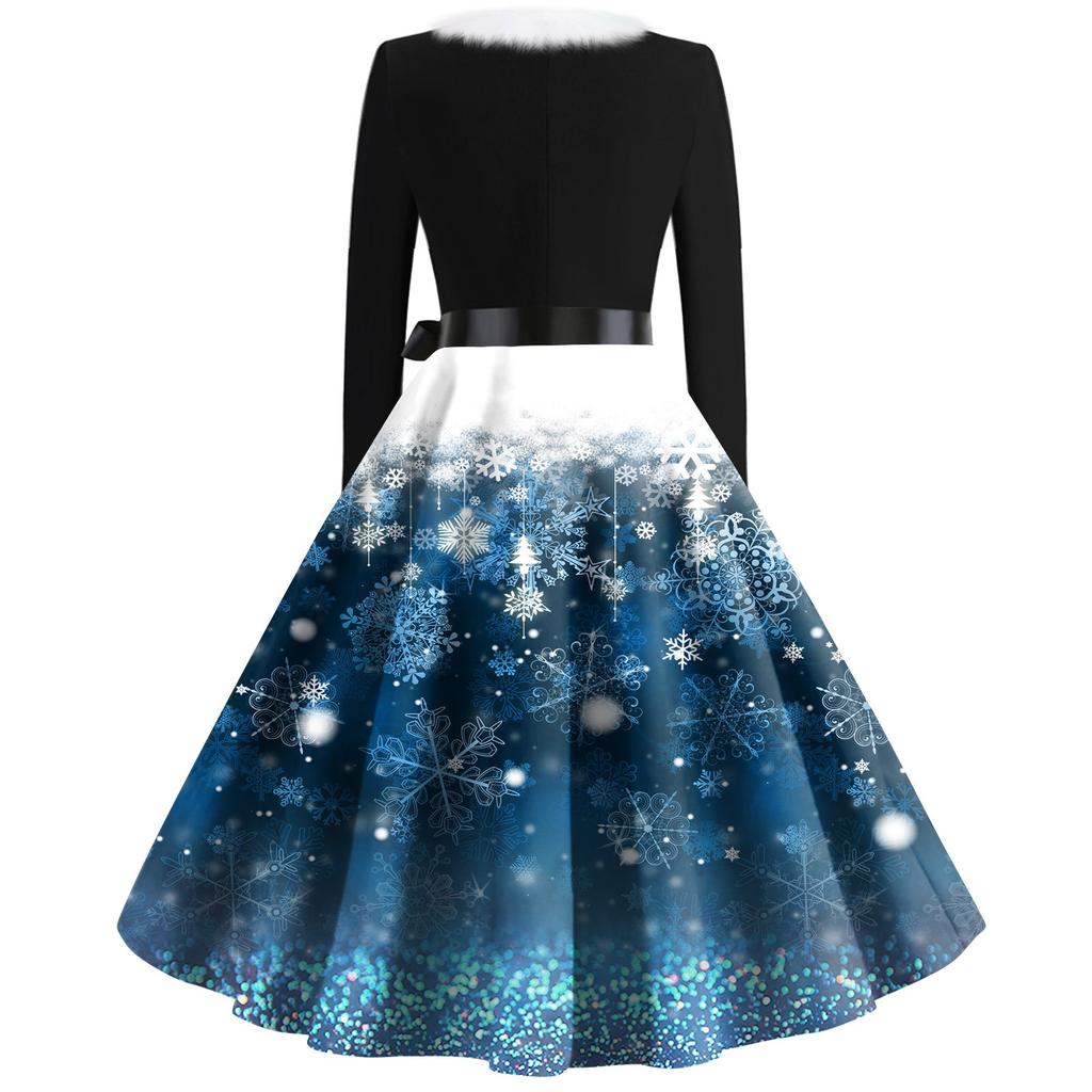 Женская мода с v-образным вырезом, повседневные тонкие рождественские шерстяные платья с длинным рукавом с принтом