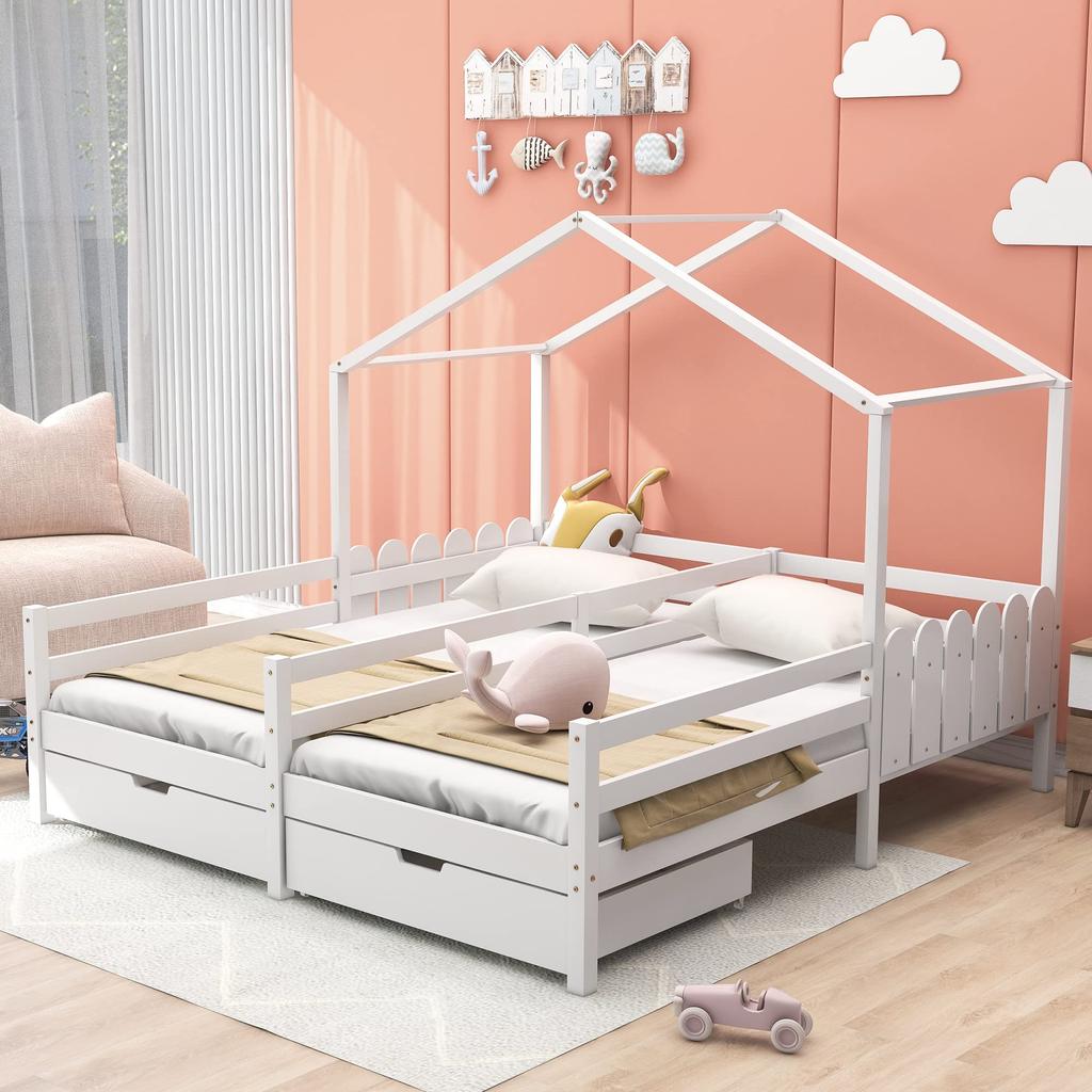 Flieks Детская кровать Домик 90x200 см с 2 ящиками Двуспальная кровать, Универсальная деревянная кровать-домик на дереве для девочек и мальчиков
