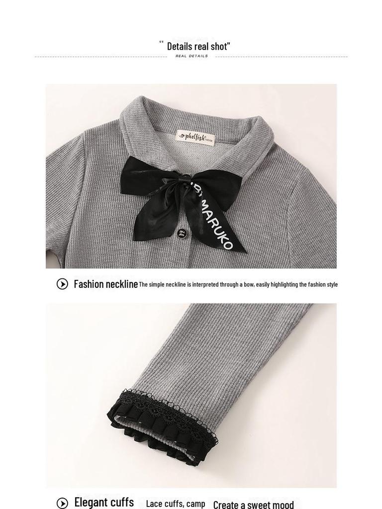 Осеннее платье для девочек в корейском стиле 2024 года с бантом и юбкой с воротником-рубашкой