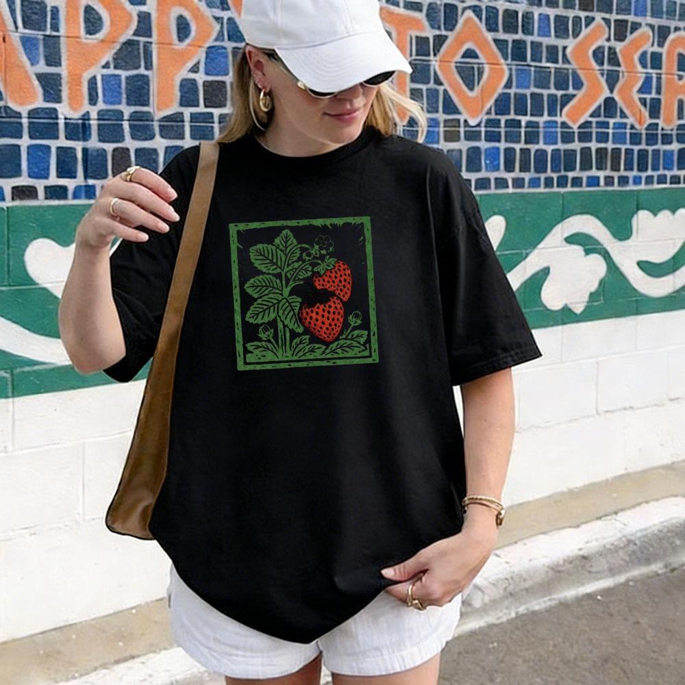 Strawberry Cottagecore Shirt Vintage Botanical Strawberry Tee Garden Fruit Block Print TShirt Berry Plant Graphic Unisex Tshirt