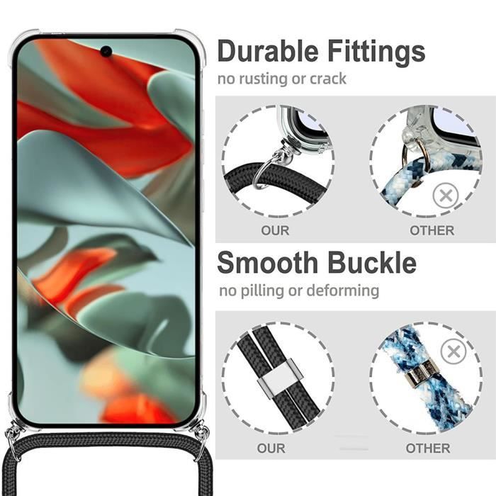 Coque Collier Cordon pour Google Pixel 9 Pro - TPU Renforcé Anti-Rayures avec Cordon Noir