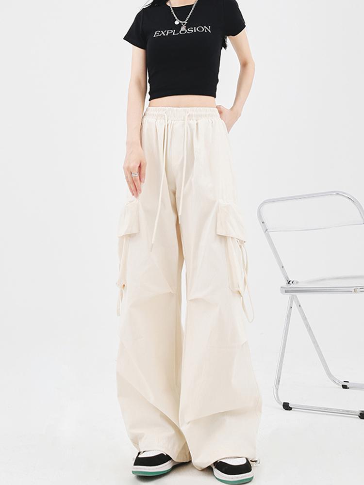 Бежевые брюки-карго женские в стиле Харадзюку в стиле хип-хоп Y2K винтажная уличная одежда оверсайз широкие брюки-парашюты женская корейская мода