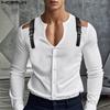 INCERUN Men Cutout Shoulder Patchwork Long Sleeve Casual Buttons T-Shirts Undershirts