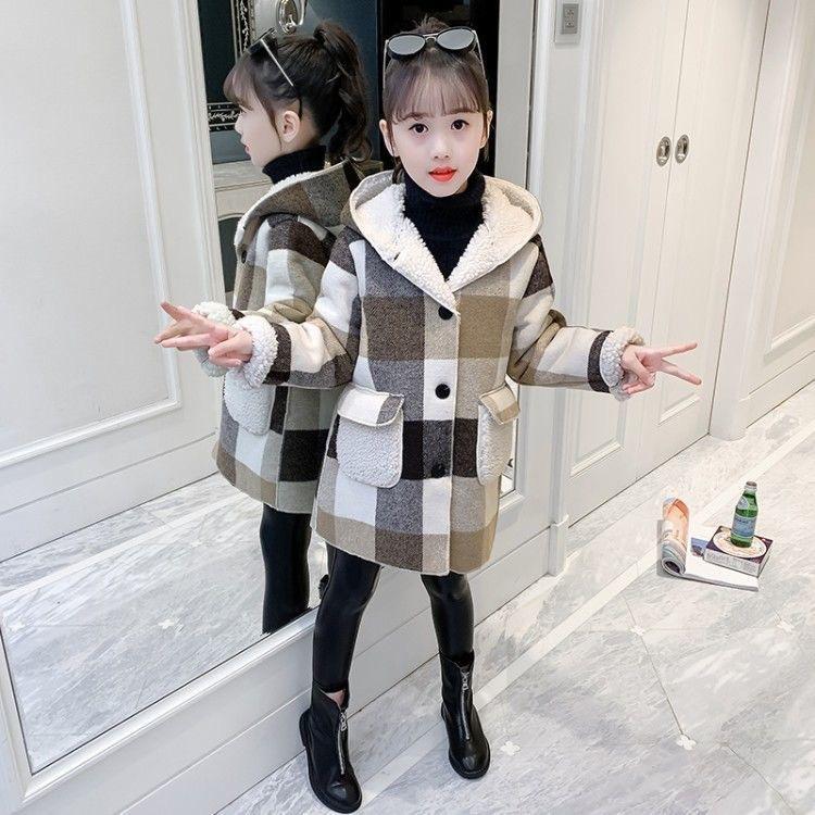 Woolen Coat Winter Fleece Middle and Big Children's Plaid Winter Clothes