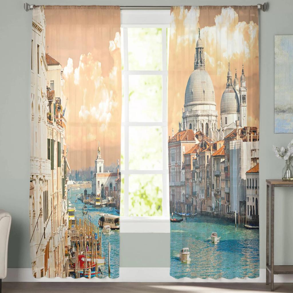 Venice Building Water Boat Modern Printed Tulle Curtains for Bedroom Balcony Window Decor Creative Fashion Home Sheer Curtain