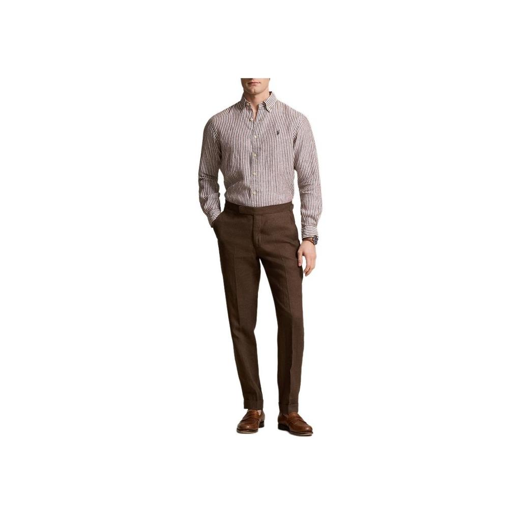 Polo Ralph Lauren Ss24 Полосатая Рубашка Свободного Кроя с Заостренным Воротником Однобортная с Длинным Рукавом Мужские рубашки Шоколадный MNPOWOV16823636-200