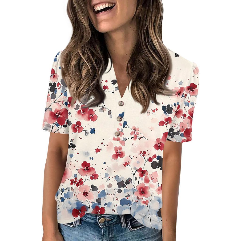 Женский модный повседневный свитер с коротким рукавом и принтом на пуговицах и V-образным вырезом