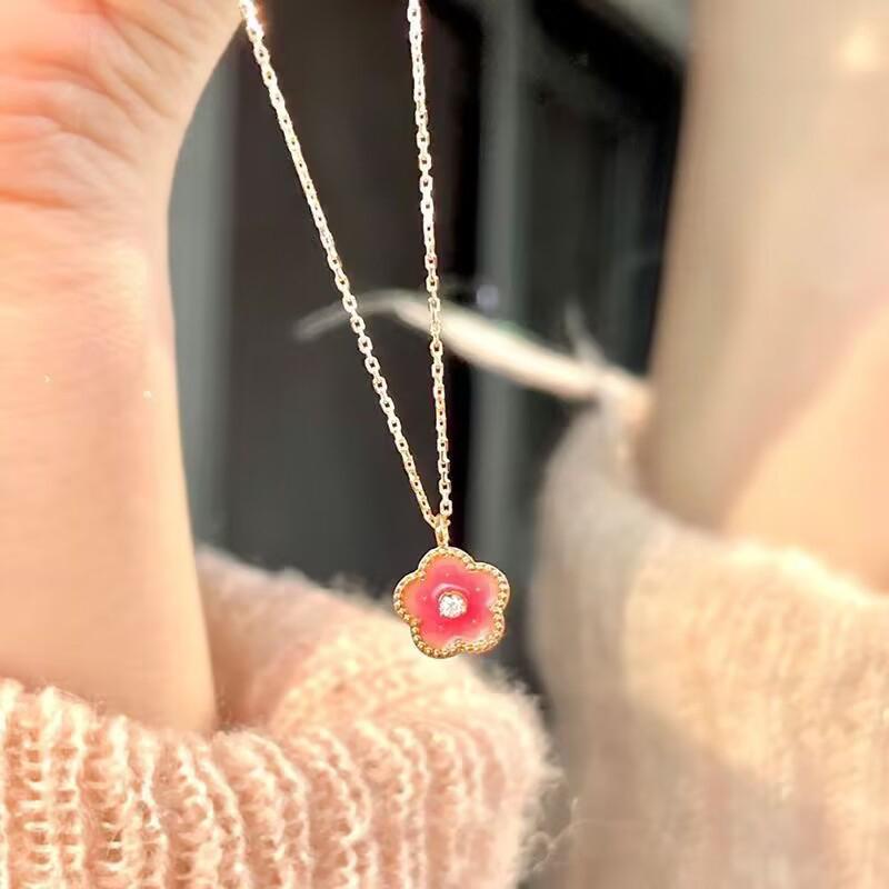 Peach Blossom Necklace Pink Flower Pendant Sweet Cute Collar Chain Shiny Zircon Clavicle Chain For Women  Jewelry Gift
