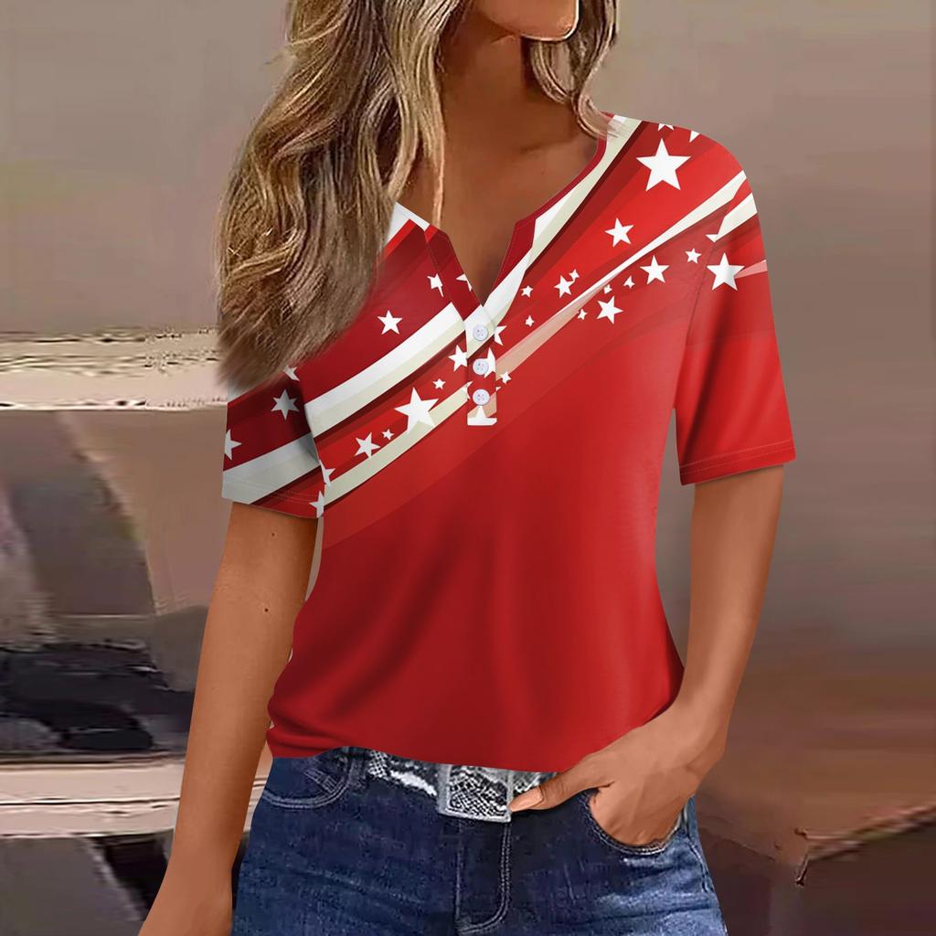 Жен. Футболка С принтом Пуговицы С короткими рукавами Повседневные Выходные Мода Классический V-образный вырез Обычный Верх