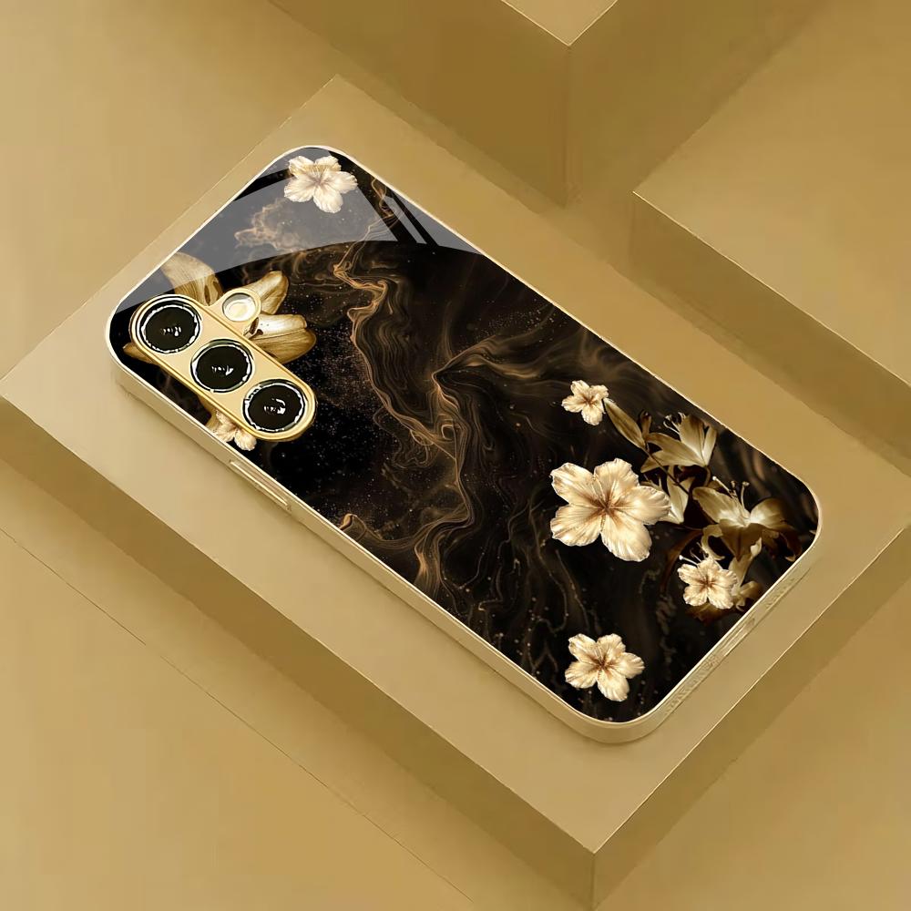 Золотой цветочный электроplated стеклянный чехол для телефона подходит для Samsung Galaxy S26 S25 S24 S23 S22 S20 FE/Ultra/Plus5G противоударный
