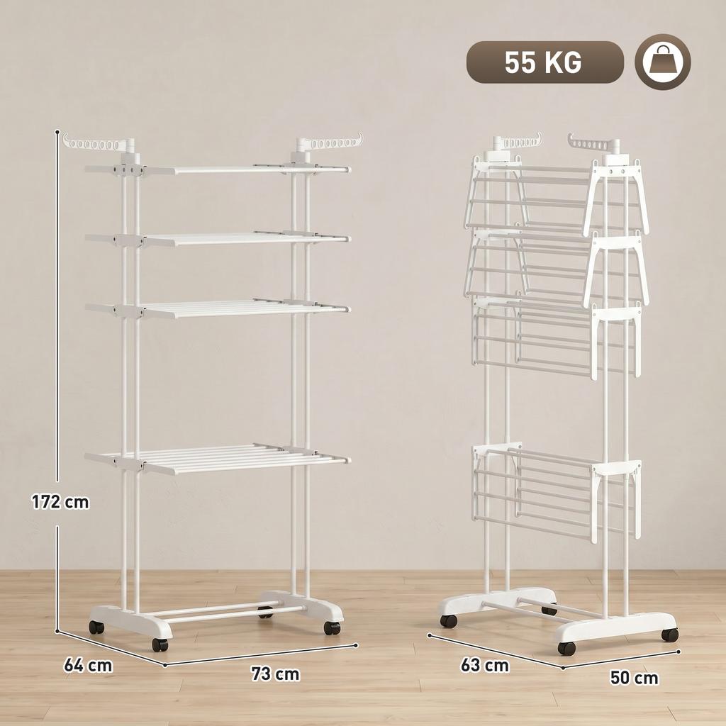 Foldable 4 Tier Clothes Dryer With Wheels Indoor Laundry Drying Rack With Side Wings Steel Frame White