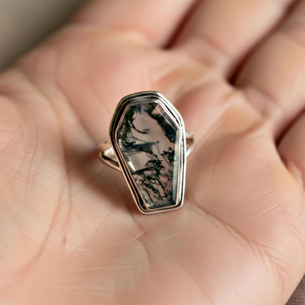 Кольцо в виде гроба, Кольцо с моховым агатом, Кольцо из чистого серебра 925 пробы, Ювелирные изделия ручной работы, Кольцо в стиле бохо, Кольцо с зеленым драгоценным камнем, Заявление, Кольцо Обещания