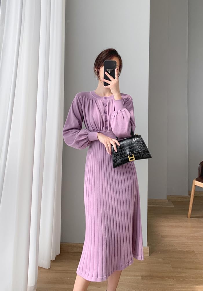 Vilaria Вязаное Длинное Круглый Вырез Однотонное Повседневное Женское Платье, Рукав, Вырез, Стройнящее, Осень/Зима, Цвет, Стильное,