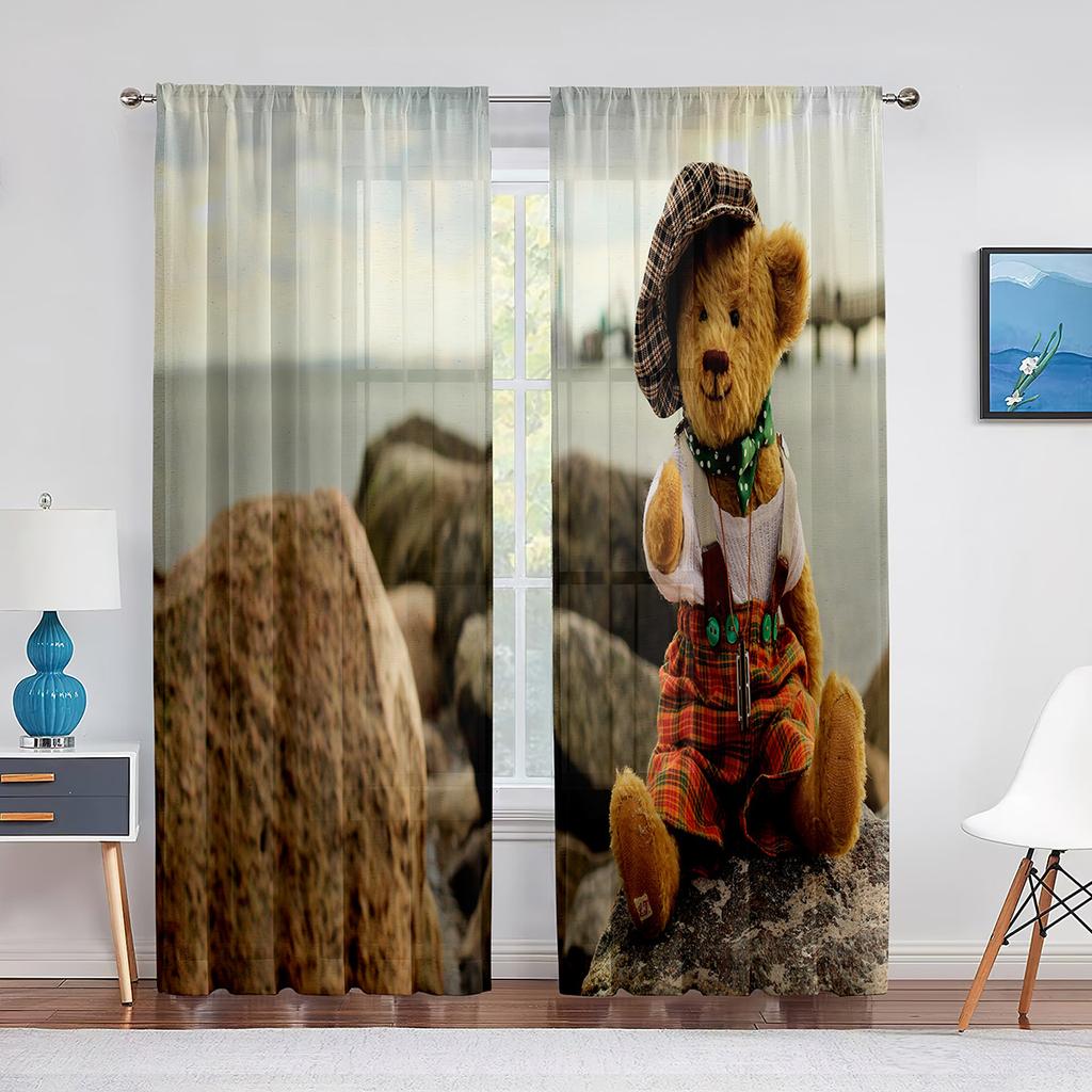 Семейные тюлевые шторы Happy Teddy Bears для кухни, гостиной, спальни, прозрачный шифон, прозрачная оконная занавеска из вуали
