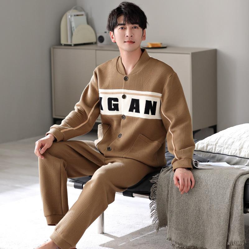 Пижама мужская весенне-осенняя из чистого хлопка, утолщенная, с длинным рукавом, большого размера, с хлопковой подкладкой, с воздушной хлопковой прослойкой, осенне-зимний комплект домашней одежды