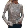 Women Top Round Neck Hollow Out Back Backless Shiny Sequin Long Sleeve Soft Pullover Party Club Performance Lady T-shirt Blouse