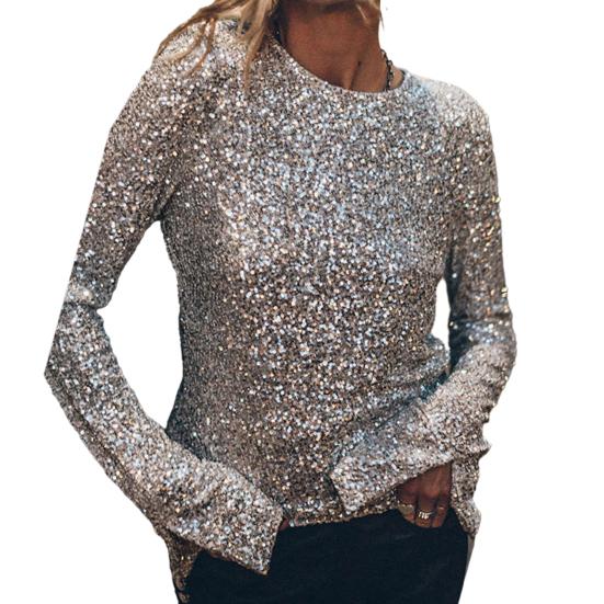 Women Top Round Neck Hollow Out Back Backless Shiny Sequin Long Sleeve Soft Pullover Party Club Performance Lady T-shirt Blouse