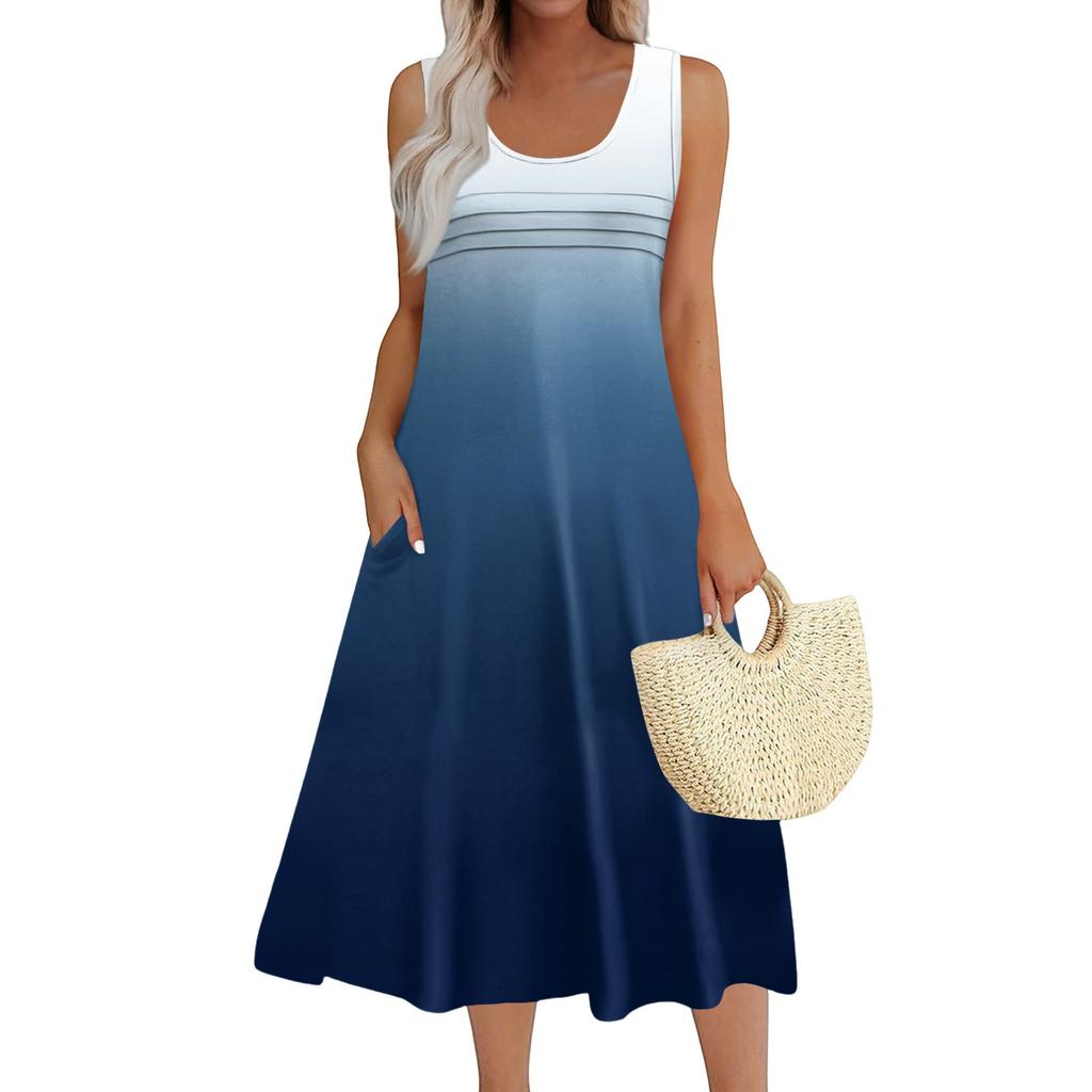 Женское модное пляжное платье без рукавов с круглым вырезом и карманами, длинные платья с градиентом