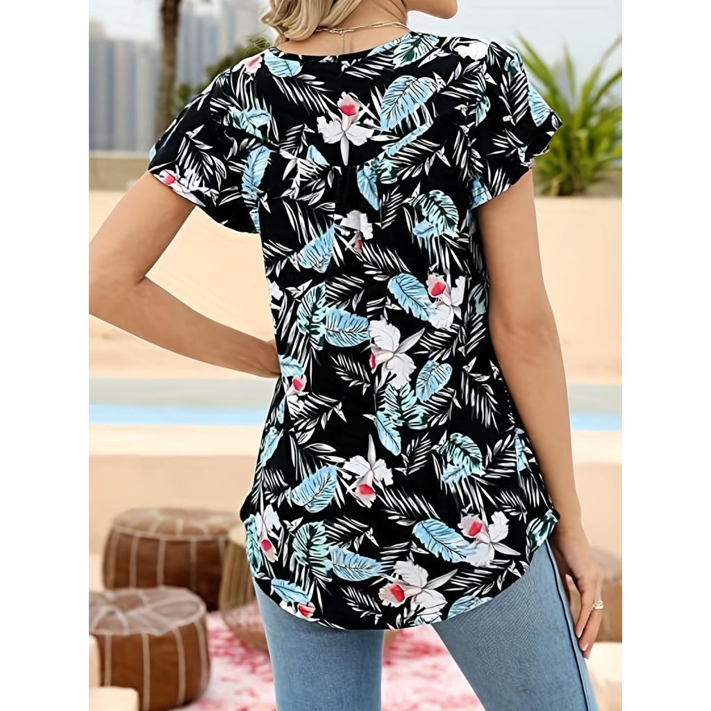 Женская свободная футболка с коротким рукавом и принтом, присборенная на пуговицах