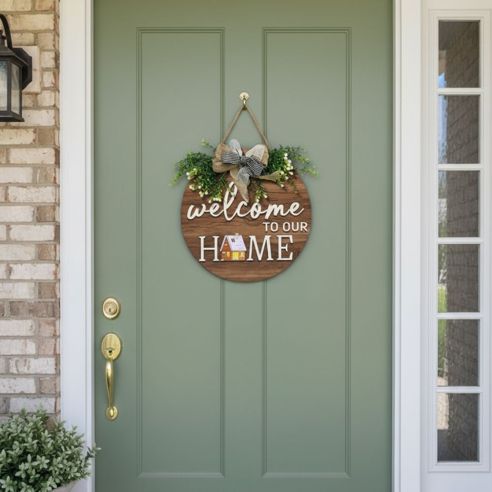 2D Flat 2D Round Welcome Sign Retro Style Hanging Wooden Board New Round Doorplate Home Decor