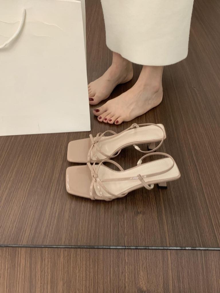 Fashion 2025 New Elegant French Summer High Heels Nude Pink Cat Heel Square Head Vintage Roman Sandals Rubber Sole Microfiber Materia