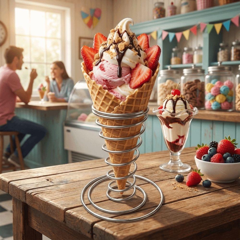 Conical Spring Ice Cream Cone Holder Stainless Steel Waffle Display Stand  Food Display
