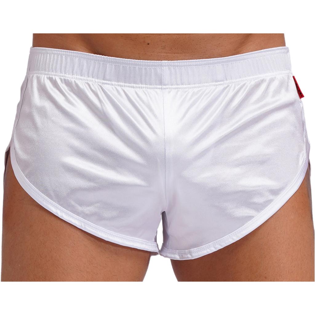 Мужские атласные боксеры-брифы с разрезом по бокам, со встроенным гульфиком, эластичным поясом, домашняя одежда, пижамные шорты