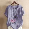 Women's Fashion Round Neck Short Sleeve T-shirt Casual Cotton Linen Graphic Shirt Leisure Loose Flowers Prined Summer Blouse Tops