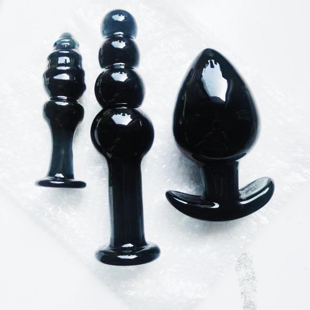VaHppy Черные стеклянные анальные пробки 3 шт. 3,4/4,9/6,5 см SM BDSM товары для взрослых Гей анальная мастурбация расширение секс-игрушки вытягивание бусины