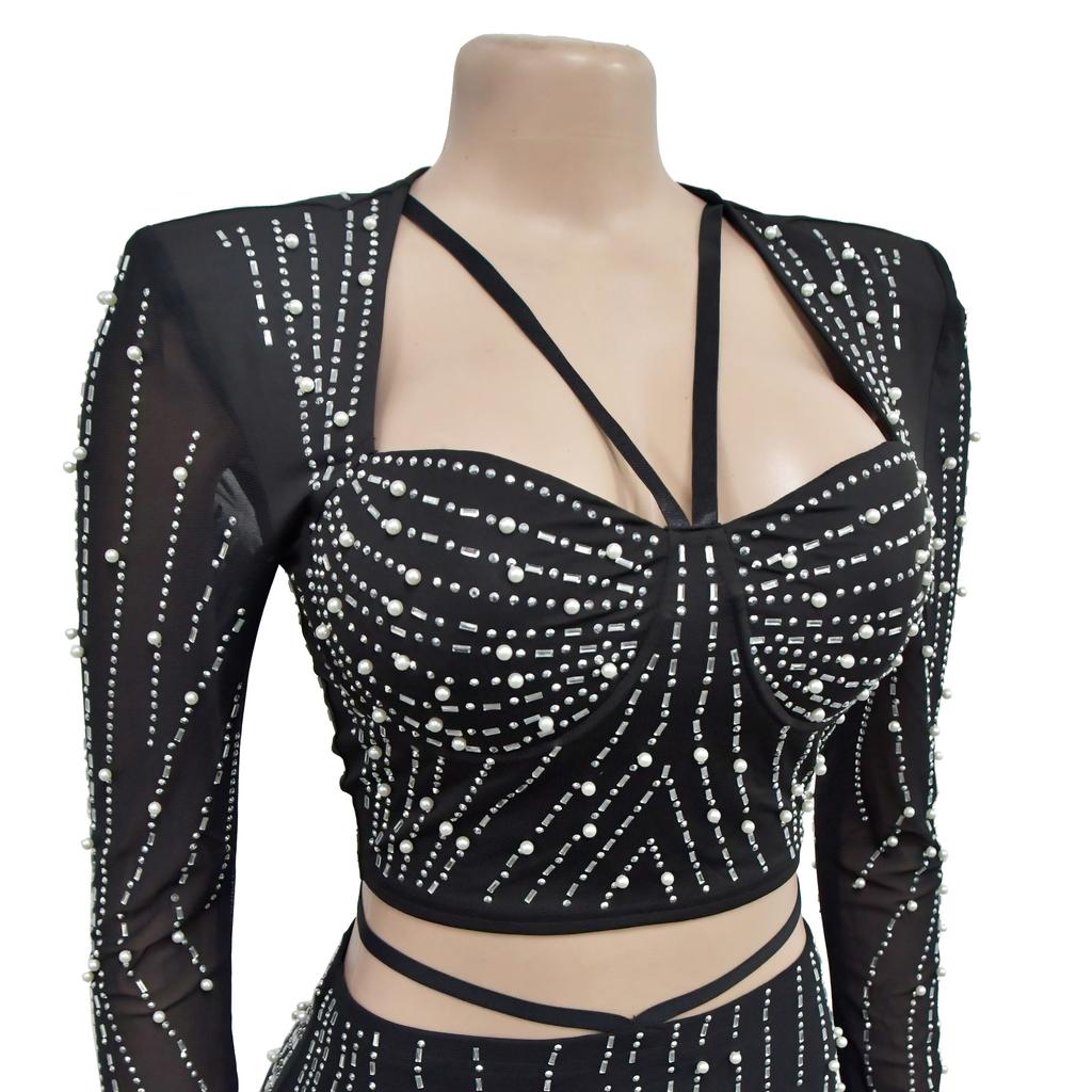 Evening Dress Fashion Women's Evening Gown Solid Colour Mesh Hot Drilling Long Sleeve Long Dress Set